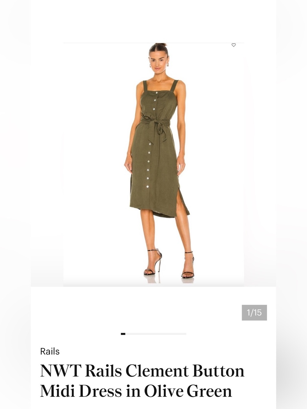 Rails Dark Olive Green Button Midi Dress with Waist Tie Size S